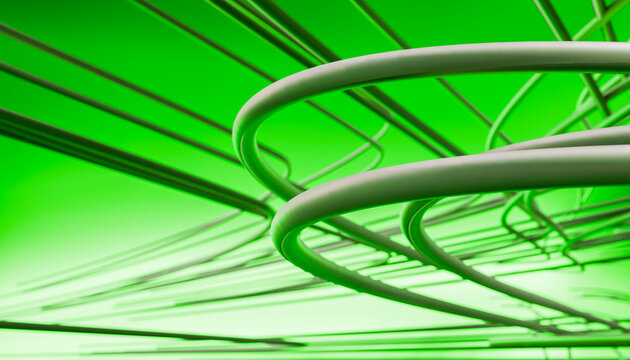 Abstract green curved cylindrical shapes with modern geometric design