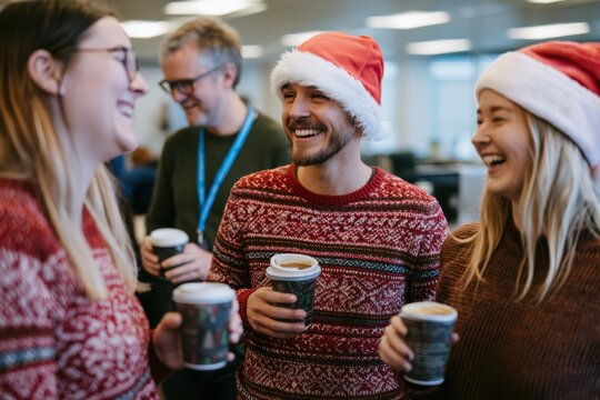 Happy coworkers enjoying Christmas coffee party at office