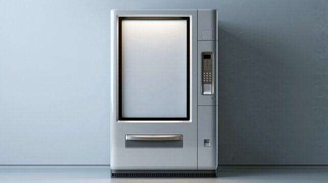 Modern light gray vending machine featuring a blank white screen, isolated 3D illustration mockup template, with copy space