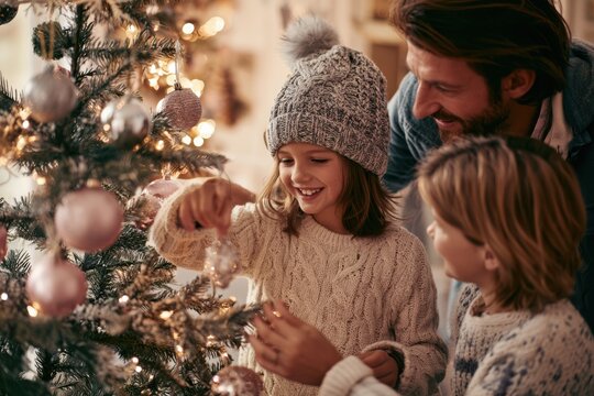 Happy Family Decorating Christmas Tree Together at Home