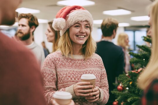 Happy Woman in Santa Hat Enjoying Holiday Party with Coffee