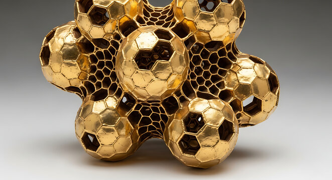 Abstract gold metallic sculpture with geometric honeycomb and spherical structures