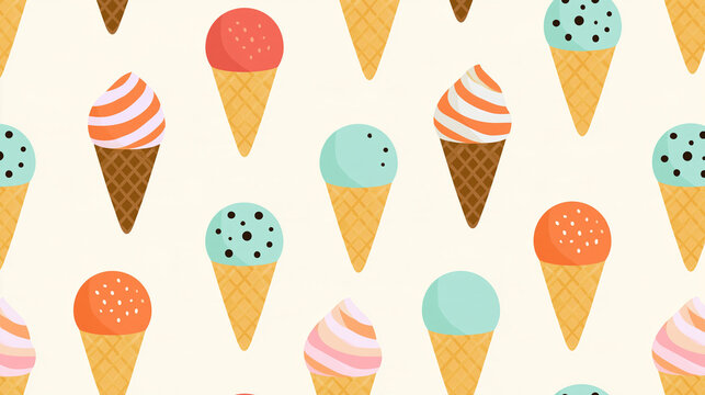 Seamless pattern featuring ice cream motifs, playful summer dessert design, with copy space