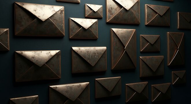 Envelopes of Metallic Bronze Scattered on Dark Background Symbolizing Secret Messages