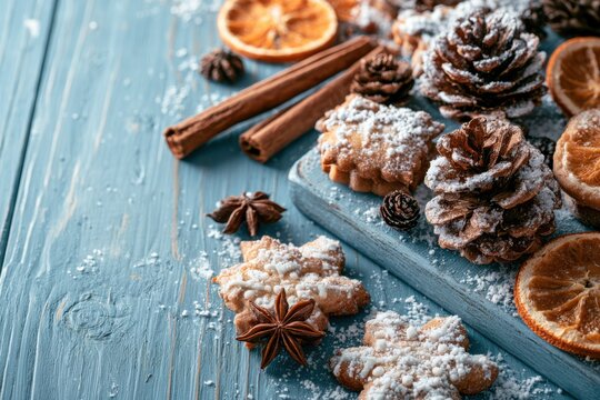 Winter Holiday Spiced Cookies with Pinecones and Dried Oranges