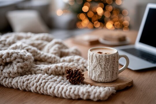 Cozy Autumn Warm Drink with Knitted Mug and Blanket