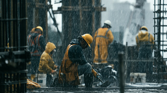 Construction workers in heavy rain, working diligently despite harsh weather conditions. Concept for resilience and perseverance in demanding jobs.