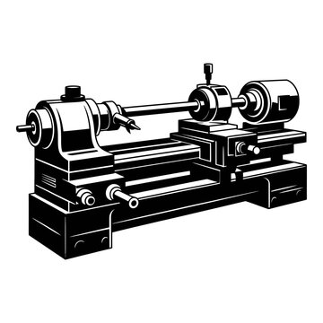 Metal lathe machine depicted in a stark black silhouette
