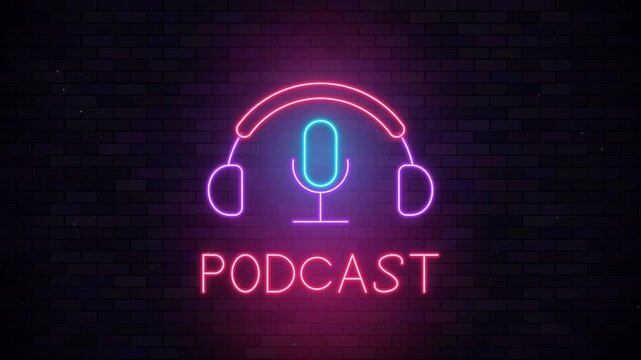 Glowing Neon Podcast Sign with Microphone and Headphones Icon Flickering on Dark Brick Wall Background