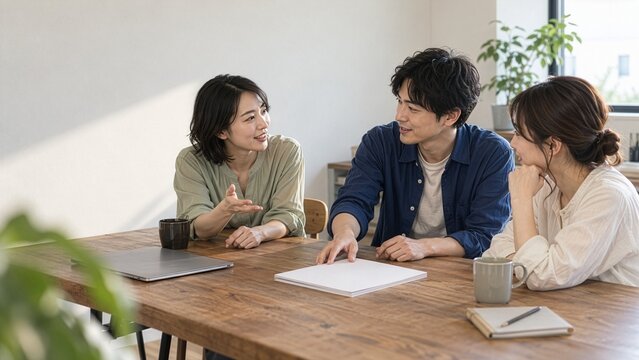 共有資料を囲んで意見交換をする職場の同僚たち