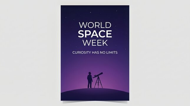 World space week poster vector design featuring silhouette of man looking through telescope at starry night sky with purple gradient background and typography for astronomy event promotion