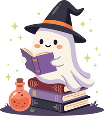 Obraz premium Cute cartoon Halloween ghost wearing witch hat reading magic spell book while sitting on book stack with potion bottle on white background
