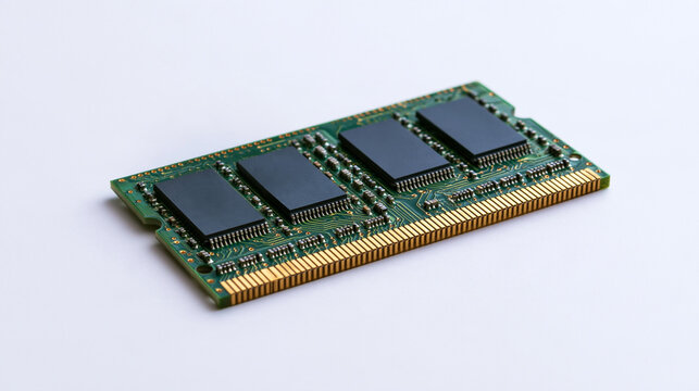 A close-up shot of a green computer RAM module with black chips and golden contacts, isolated on white background. Ideal for technology, hardware, data, and electronic upgrade.