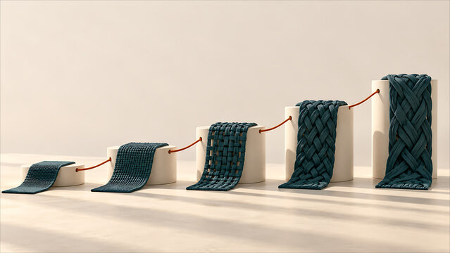Five Rising Ceramic Platforms With Teal Weaves and an Orange Connecting Cord