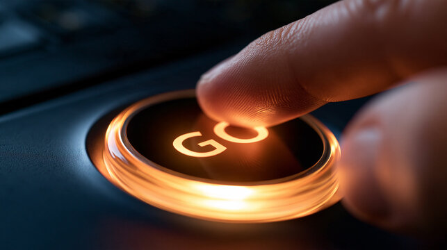 A finger presses an illuminated glowing button labeled Go in low light. This represents the concept of starting a business or initiating a project.