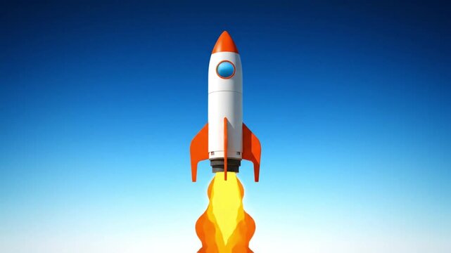 Cartoon Rocket Ship Launching into Blue Sky with Fiery Exhaust.