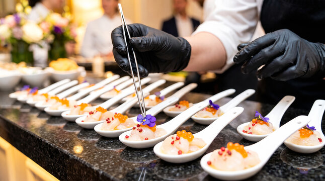 Woman chef placing edible violet flowers on scallop ceviche catering spoons