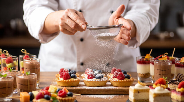 Female pastry chef dusting powdered sugar over berry tartlets for event buffet