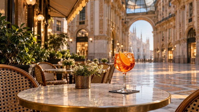 On the historic Milanese arcade terrace, a glass cup sits beside an empty coffee table.
