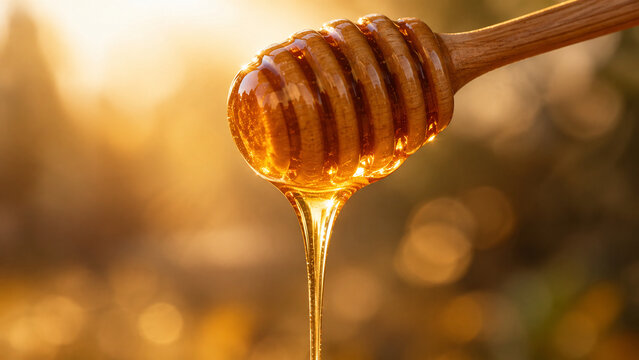 Golden honey dripped slowly from the wooden spoon, forming a sticky thin line under the warm backlight.
