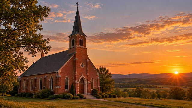 At sunset, a simple red brick country church stands tall with its spire.