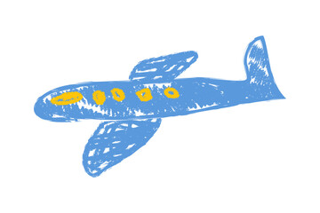 Childlike crayon-style drawing of a blue airplane with yellow windows and cockpit. Playful textured illustration perfect for kids art, education, travel themes, and creative decorative projects © Lipitorika