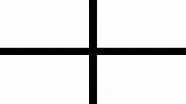 A simple black cross on a white canvas creates a sharp contrast.
