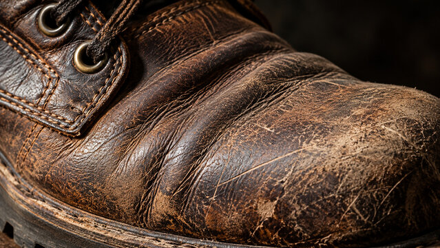 A close-up photo of a worn leather work boot, illuminated by dramatic side lighting, reveals deep scratches and creases. Life Magazine.