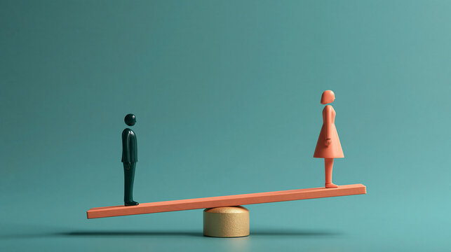 Male and female figurines balance on an uneven seesaw against a teal background. Ideal for gender equality and workplace diversity concepts.