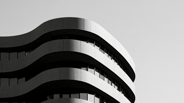 Abstract black and white architectural detail showcases a modern building with undulating curved lines and deep shadows. Perfect for contemporary design, corporate branding, and.