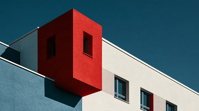 A vibrant red architectural projection stands out against a white wall and deep blue sky. Modern geometric building design perfect for architectural and real estate concepts.
