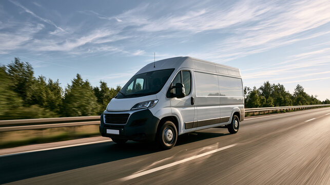 A white delivery van drives on a highway during a sunny day. This image represents express logistics and transport services for commercial business advertising.