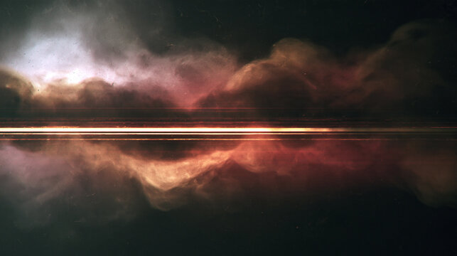 Abstract smoky nebula with bright horizontal light beam with reflection dark tones abstract background space background