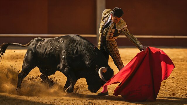 Matador performing with bull in arena during a traditional Portuguese bullfight performance. Professional torero in ornate costume showing bravery. Cultural heritage and sport event.
