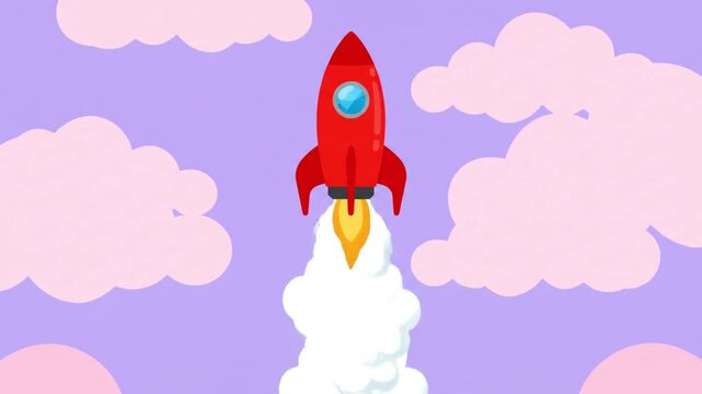 Red Rocket Launching into a Purple Sky with Pink Clouds.