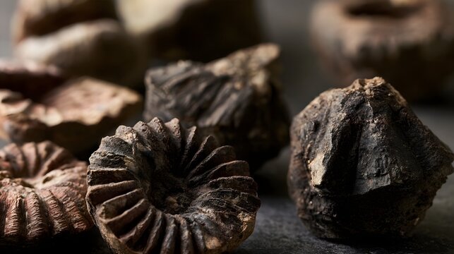 Close up of fossilized ammonite shells with textured ridges and earthy tones  arranged on a dark surface