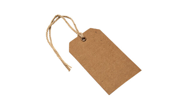 Blank brown cardboard gift tag label with string on transparent background