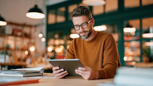 眼鏡をかけた男性がタブレットを操作している様子。カフェやオフィスでのリモートワークやデジタル作業に適したシーン