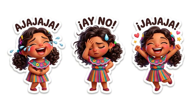 Cute cartoon girl laughing set with Spanish text Ajajaja Ay No Jajaja, funny comic expression sticker collection isolated on white background