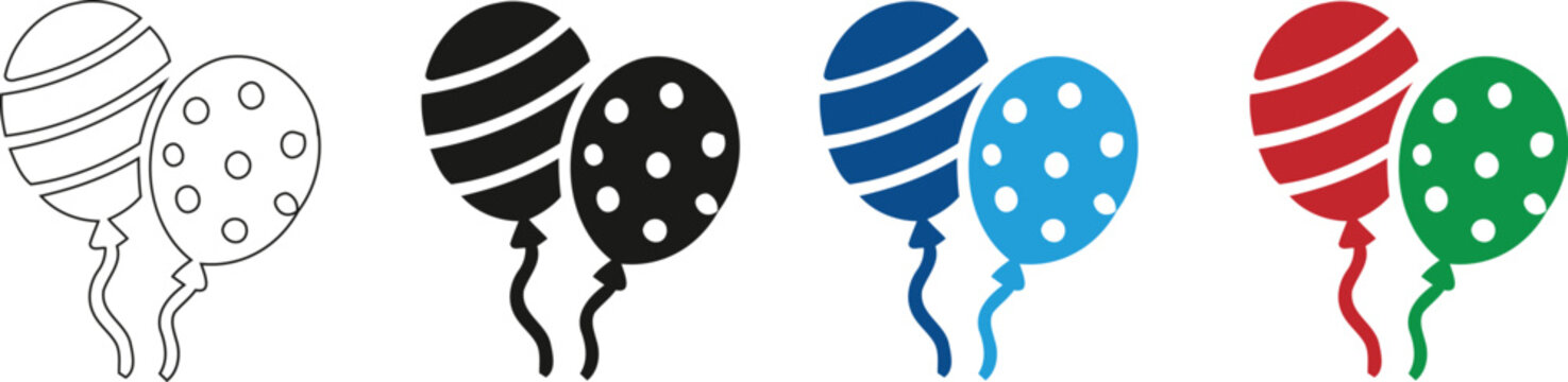 Party balloons icon set in minimalist vector style, birthday celebration symbols, colorful event decoration signs on transparent background