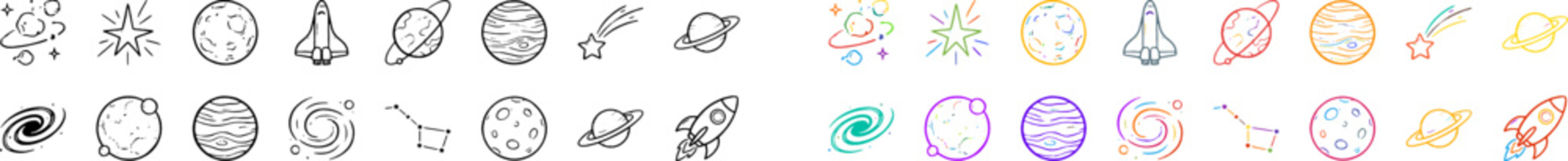 Space exploration icons featuring planets stars and rocket ships in outline and vibrant cosmic color styles © Rehana