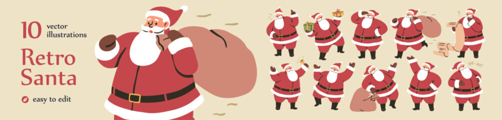 Obraz premium Santa Claus, vector character. Retro Santa Claus, Christmas character set. Happy Xmas and New Year man with gift box, holiday bag, sack with presents, dancing and greeting. Vector illustrations