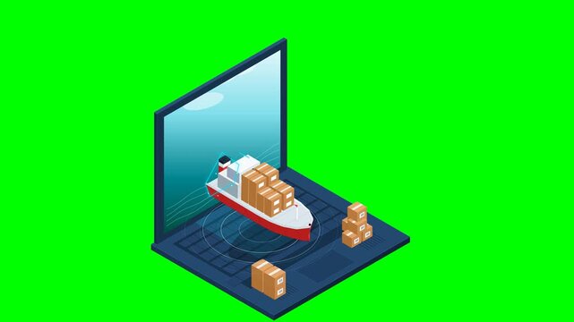 Isometric 3D Animation of Cargo Ship with Cardboard Boxes on Laptop Keyboard for Global Online Shipping Logistics Concept on Green Screen Background