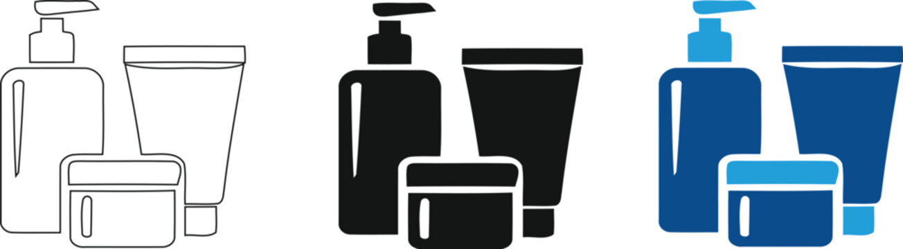 Cosmetics bottle packaging vector icons set, lotion dispenser cream jar squeeze tube symbols, beauty skincare outline and silhouette icon collection on transparent background