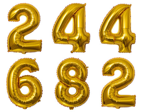 Golden number balloons isolated on white background for celebration, birthday, New Year