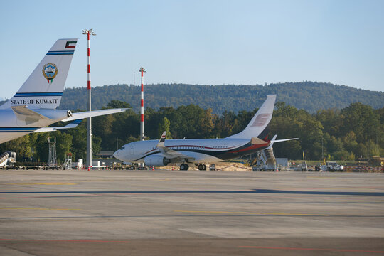Private jet of Avcon Jet San Marino type Boeing 737-7HZ(BBJ) registration T7-MAK parked at Swiss Z&uuml;rich Airport on a sunny autumn day. Photo taken September 27th, 2026, Zurich, Switzerland.