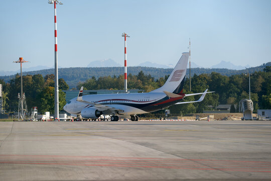 Private jet of Avcon Jet San Marino type Boeing 737-7HZ(BBJ) registration T7-MAK parked at Swiss Z&uuml;rich Airport on a sunny autumn day. Photo taken September 27th, 2026, Zurich, Switzerland.