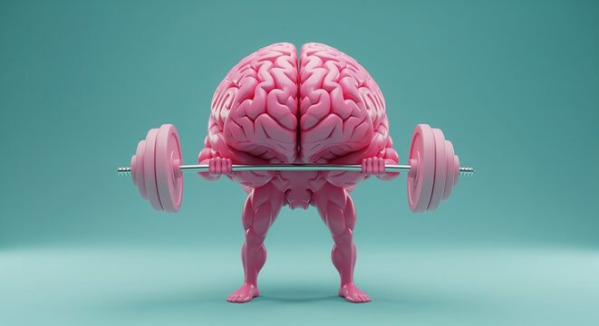 A pink brain character with muscular legs lifts a barbell with weights. This playful illustration represents mental strength, cognitive training, and brain fitness for wellness concepts.