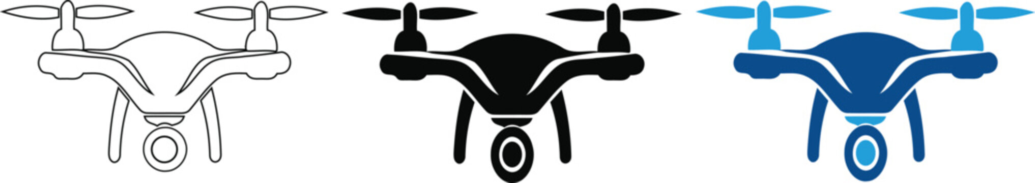 Drone icon set, quadcopter vector illustration, aerial camera technology symbols, black outline and colored quadrotor graphic element on transparent background