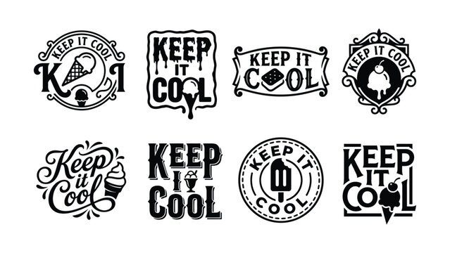 Keep It Cool typography lettering set summer ice cream quote cone popsicle badge text logo vector bundle